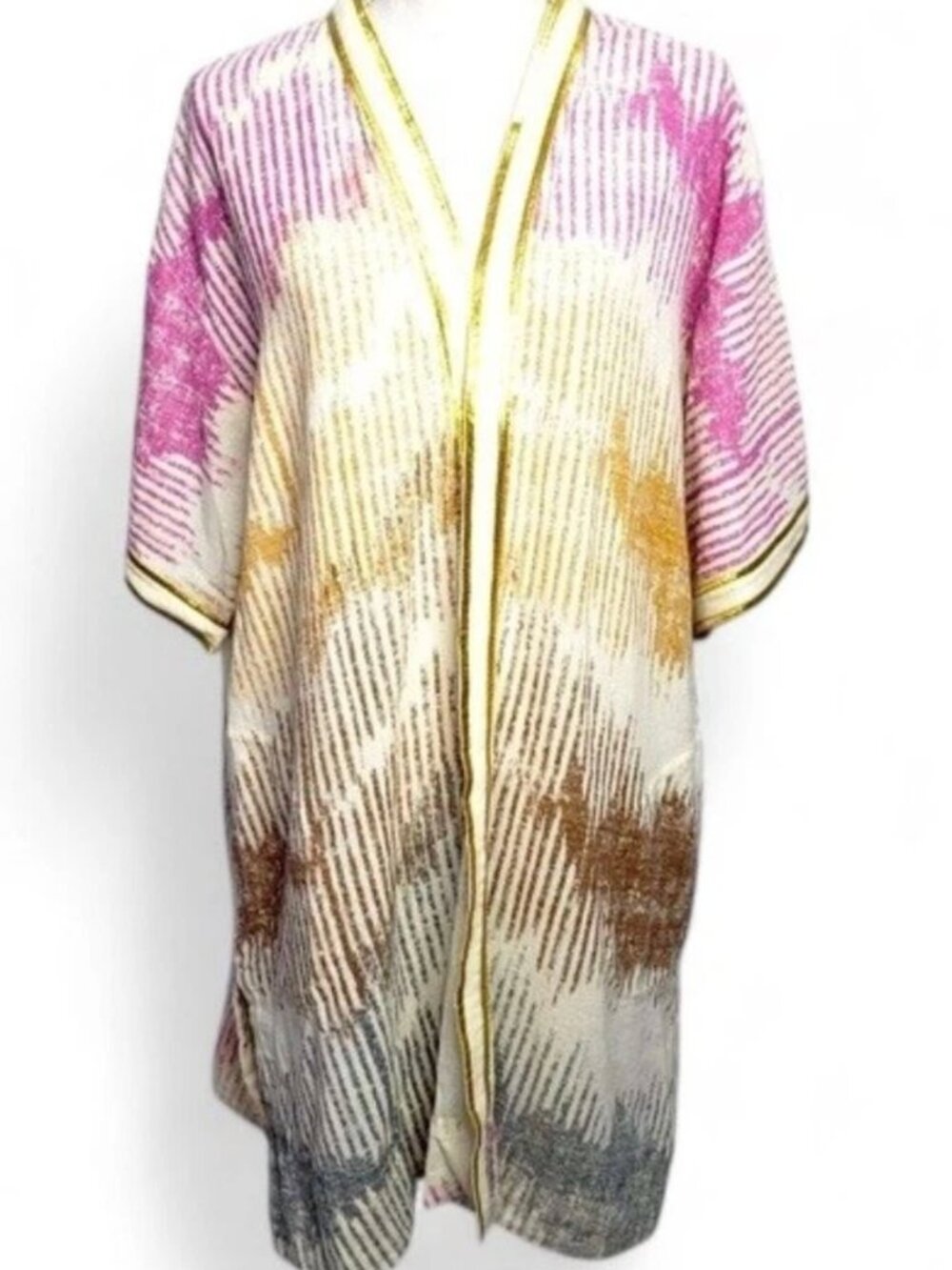 Soft Surroundings Metallic Gold Stripe Kimono Cardigan Cover-Up OS